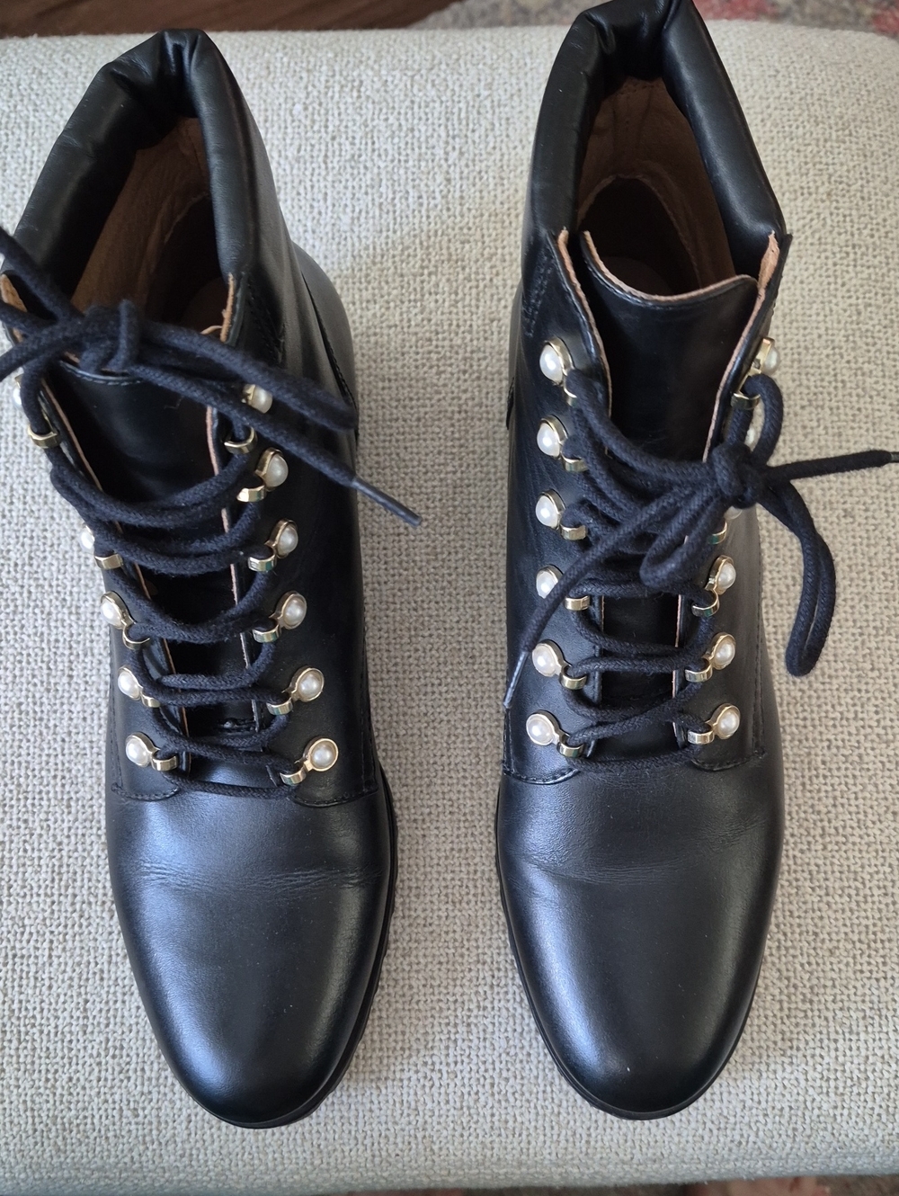 Jack Rogers Black Lace-Up Women's Ankle Boots with Pearl Eyelets